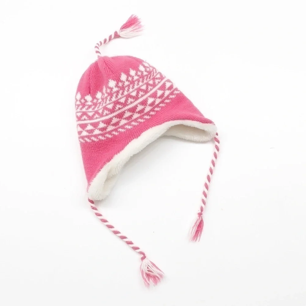 Pink/white little girls fleece lined winter skull cap
